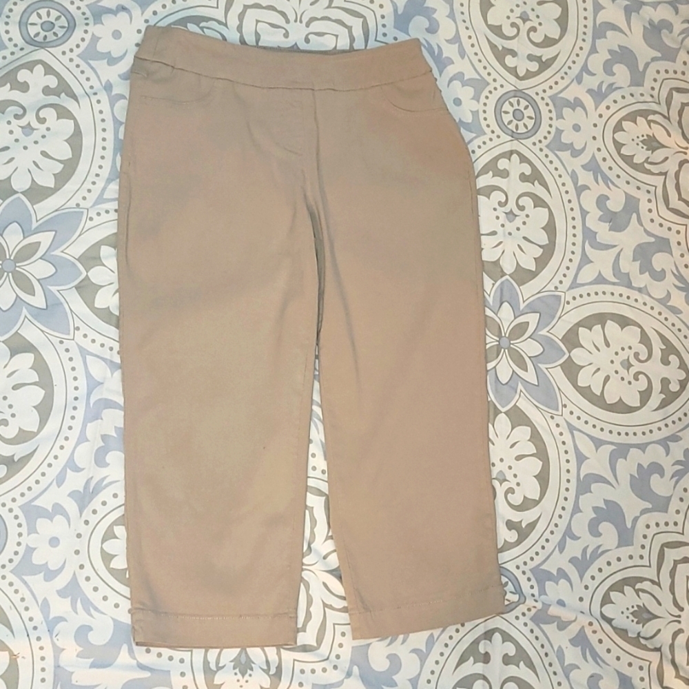 Kim Rogers capris khaki tan beige stretch pull on flat front straight leg 6